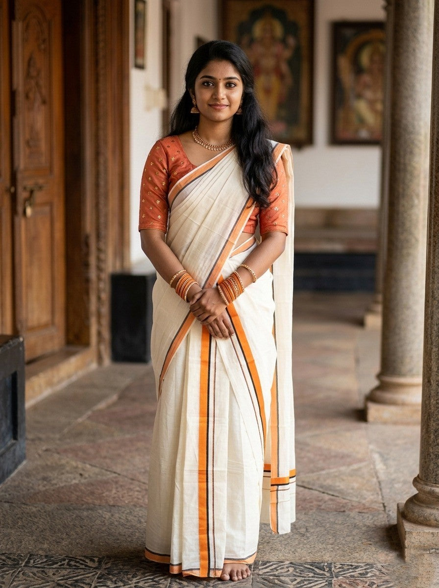 Southloom Pure Cotton Kerala Single Set Mundu (Mundum Neriyathum) with Orange & Black Border in 2.80 Mtrs in 2.80 Mtrs