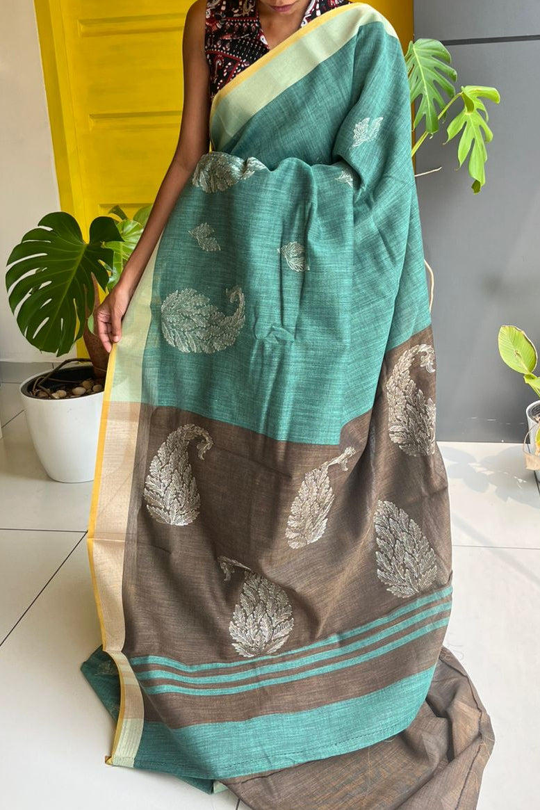 Linen Cotton Green Saree SL213