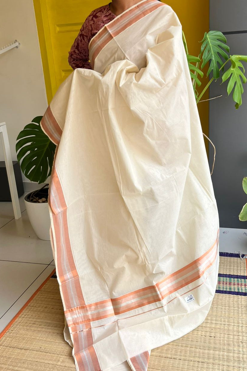 Kerala Cotton Saree with Orange and Silver Border SL216