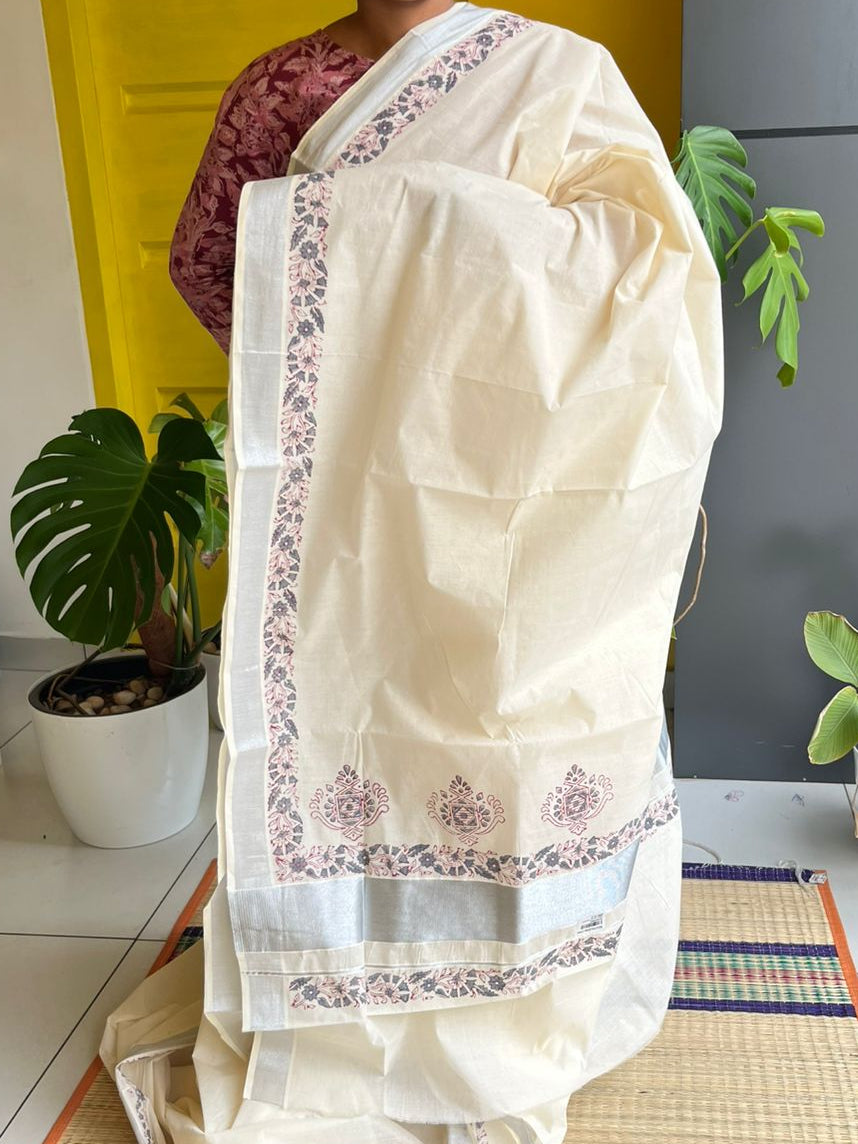 Kerala Cotton Saree with Silver Border SL217