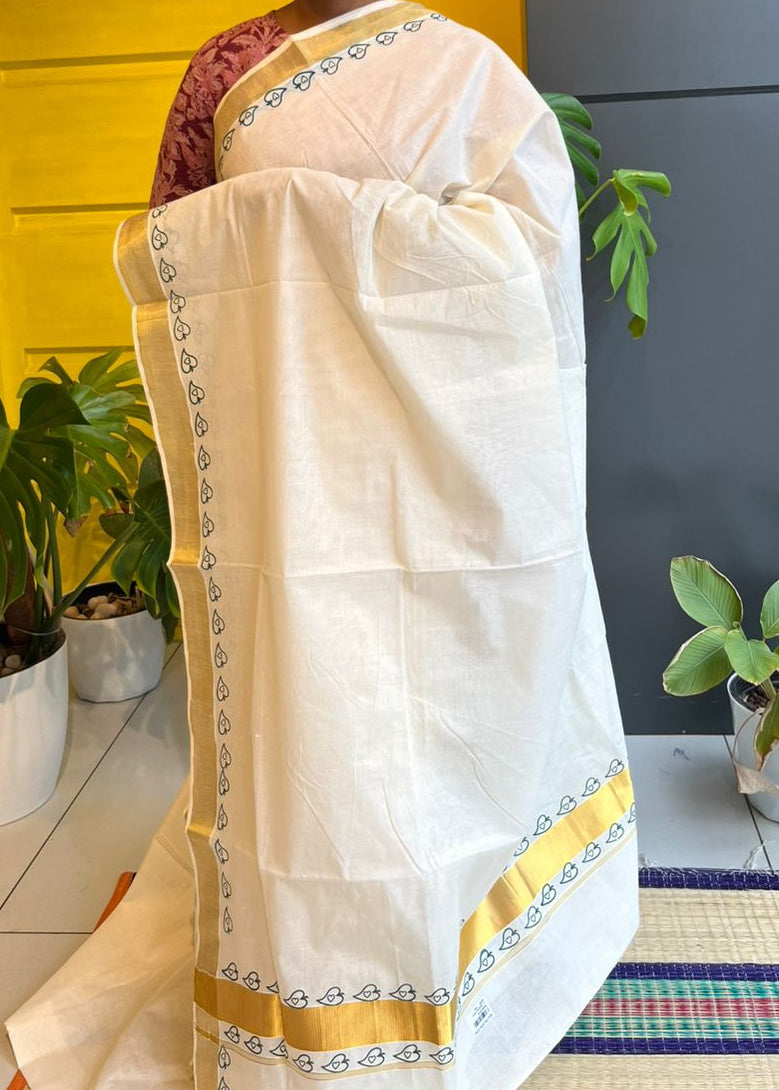 Kerala Cotton Saree with Green Print SL218