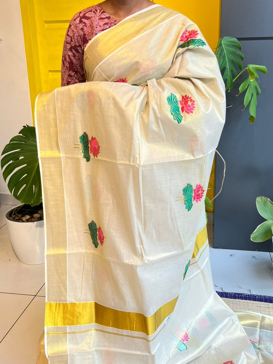 Kerala Tissue Lotus Embroidery Saree SLlotus