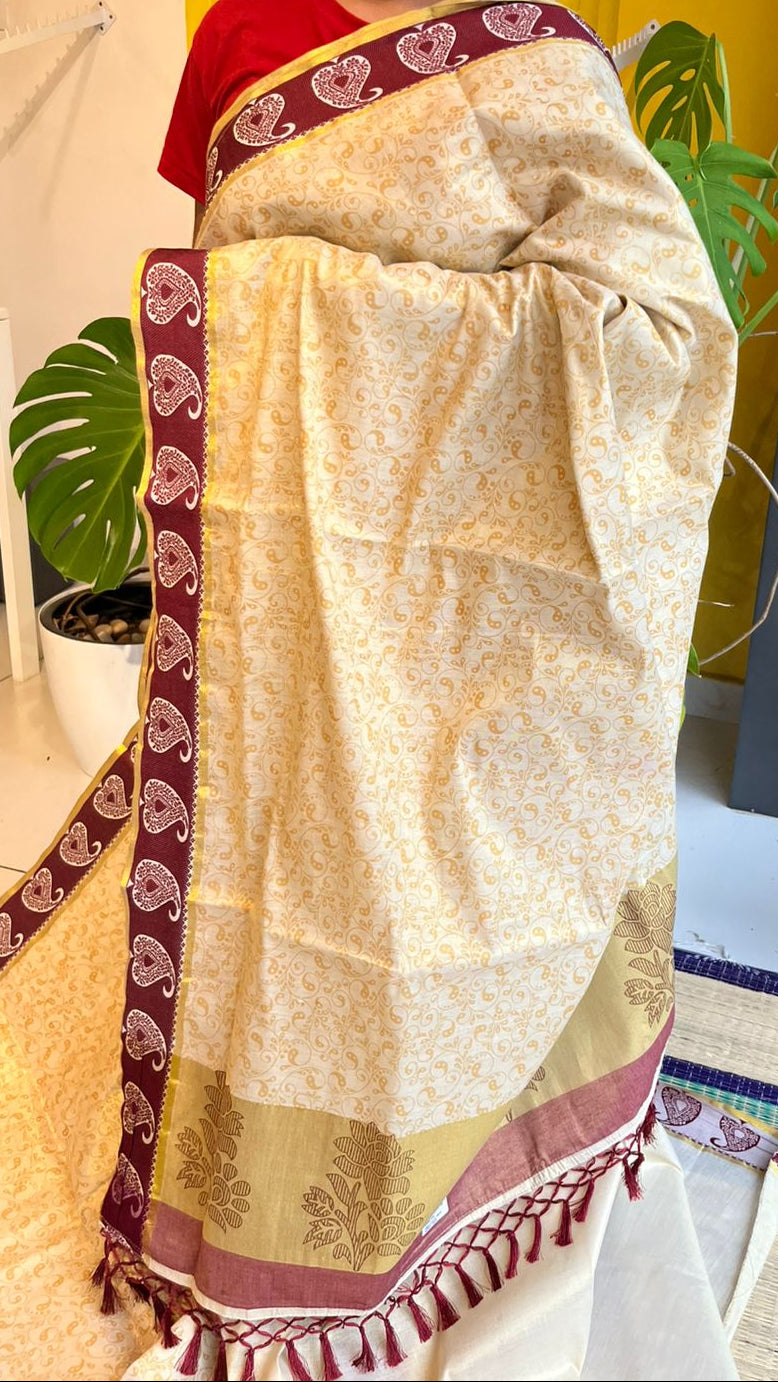 Kerala Tissue Saree with Tassels SL221