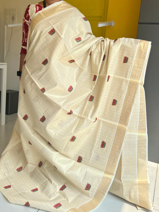 Kerala Tissue Kasavu Lines Saree With Maroon Lotus Embroidery SL172