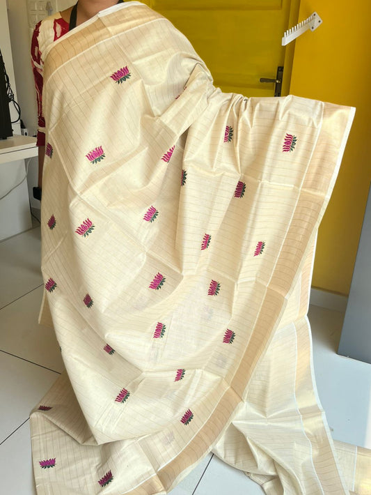 Kerala Tissue Kasavu Lines Saree With Purple Lotus Embroidery SL172