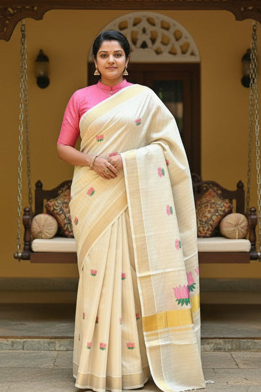 Kerala Tissue Kasavu Lines Saree With Baby Pink Lotus Embroidery SL172