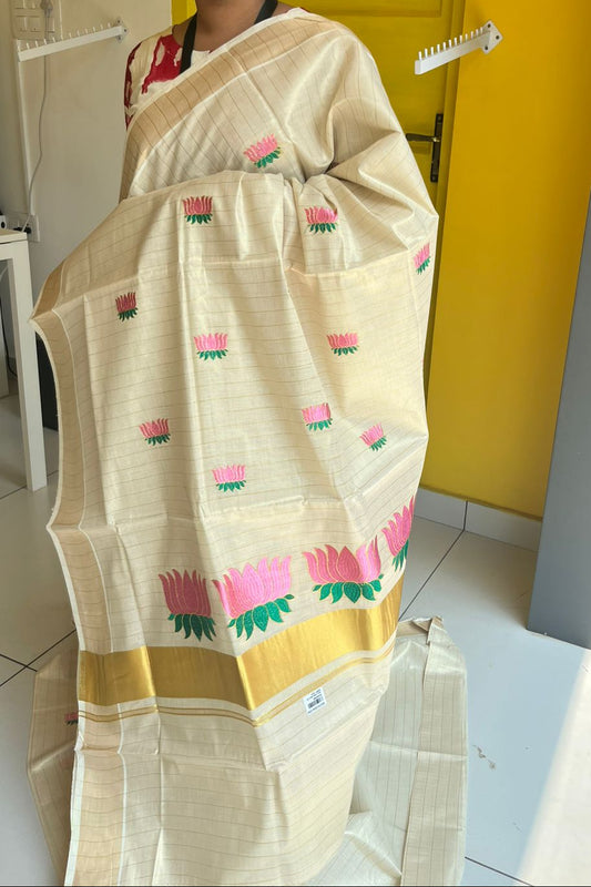 Kerala Tissue Kasavu Lines Saree With Baby Pink  Lotus Embroidery SL172