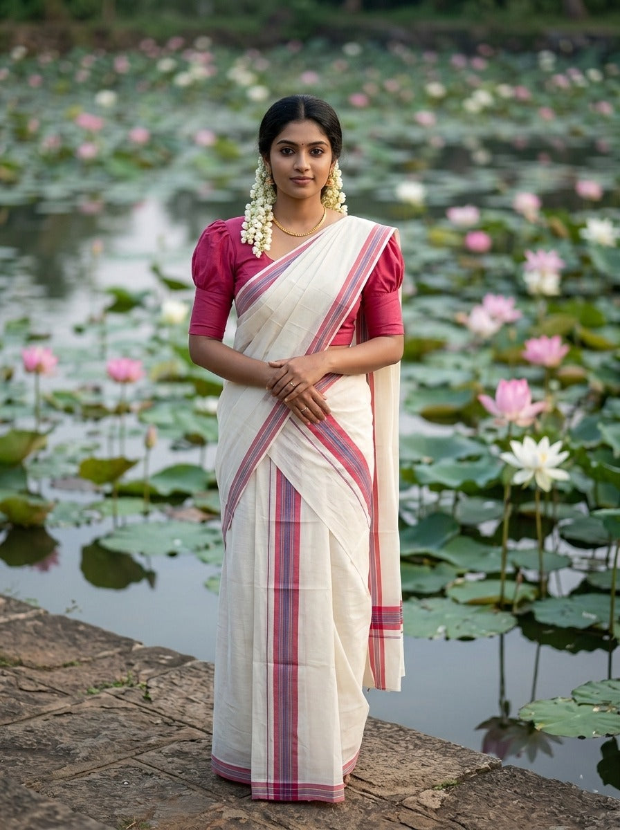 Southloom Pure Cotton Kerala Single Mulloth Set Mundu (Mundum Neriyathum) Red & Grey Border in 2.50 Mtrs SL243