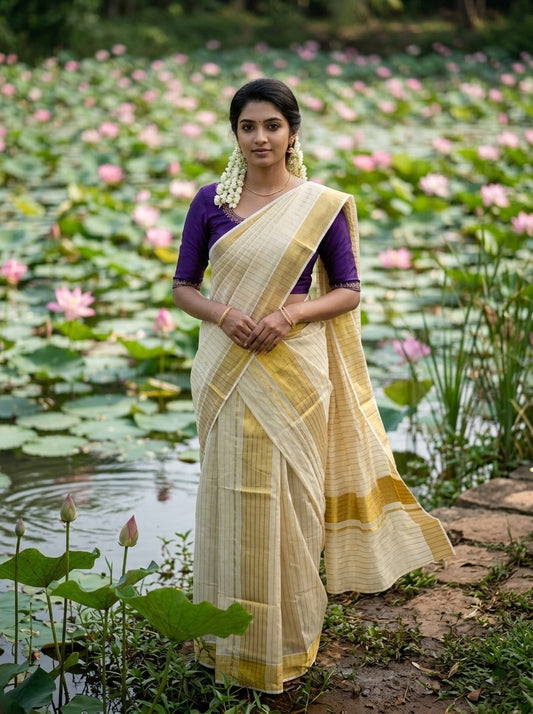 Southloom Tissue Kerala Kasavu Set Mundu (Mundum Neriyathum) with Stripes on Body