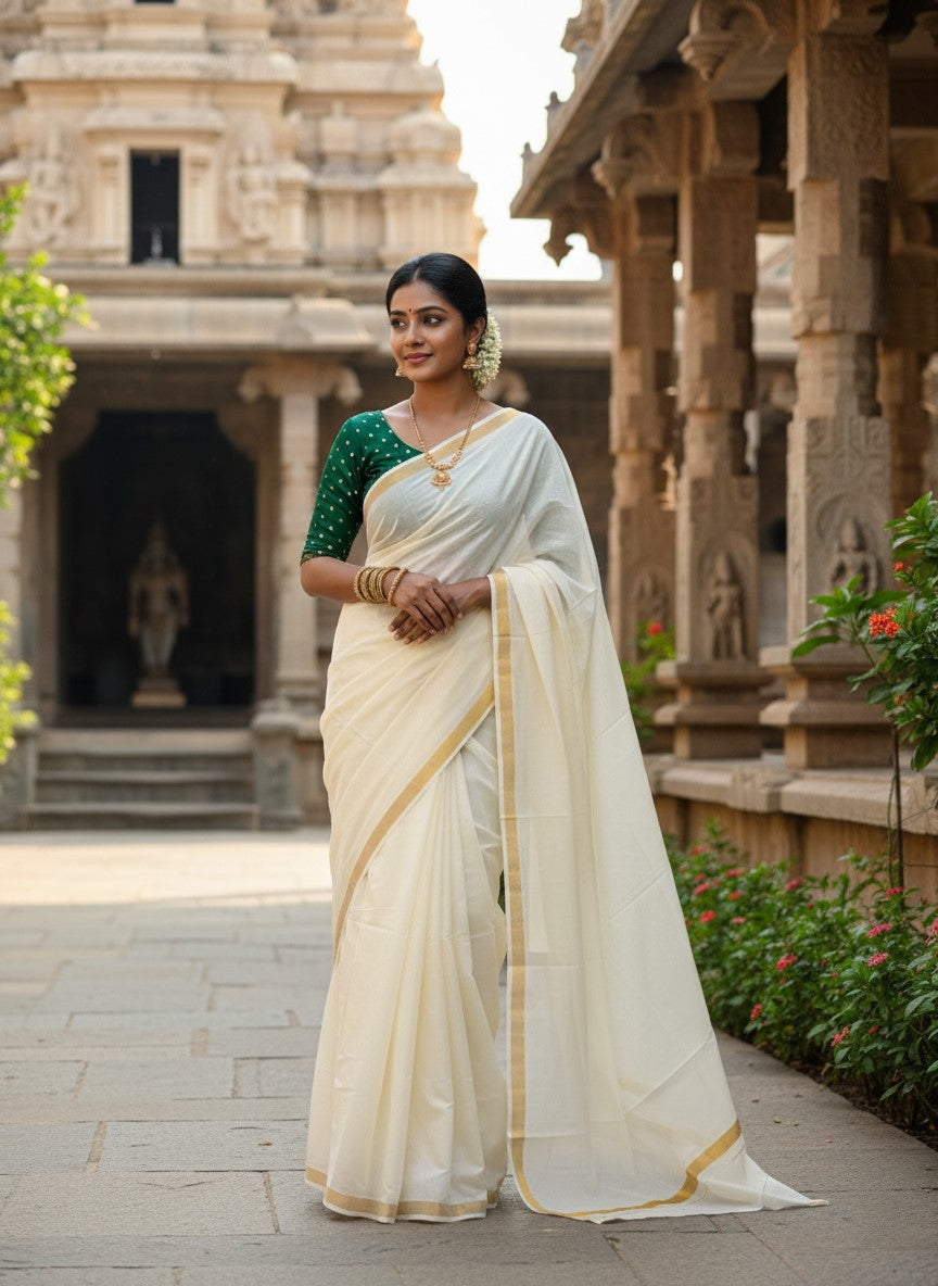 Southloom Pure Cotton Kerala Saree with 1 inch Gold Kasavu Border