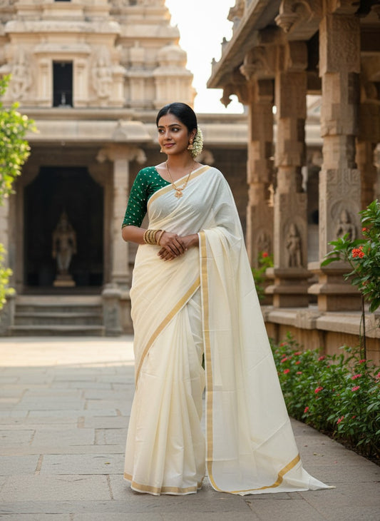 Southloom Pure Cotton Kerala Saree with 1 inch Gold Kasavu Border