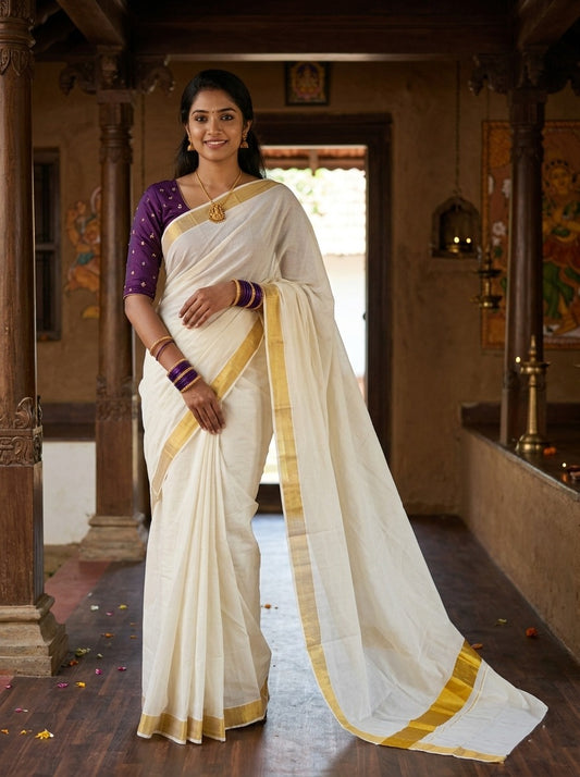 Southloom Pure Cotton Kerala Saree with 3 inch Gold Kasavu Border