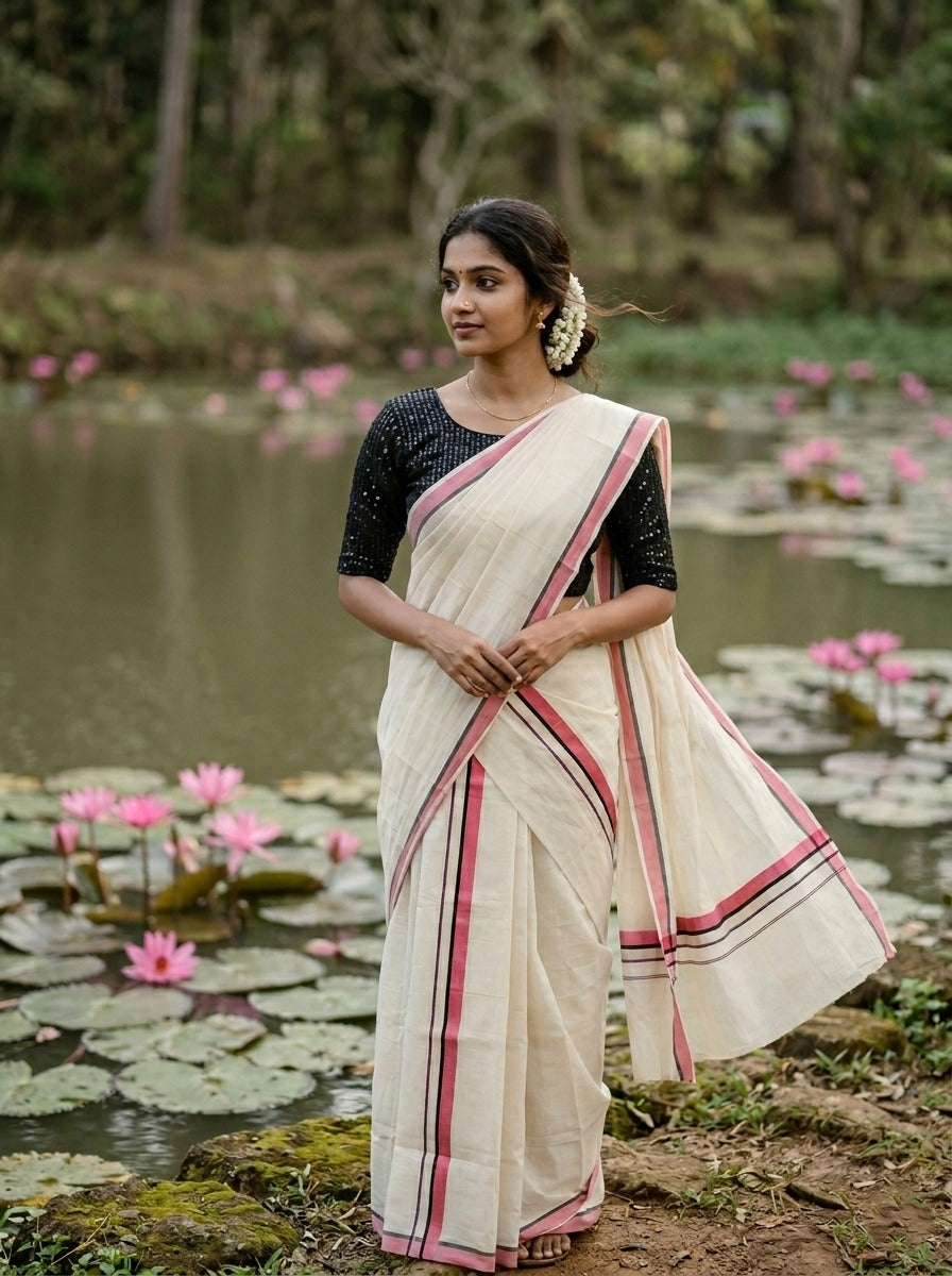 Southloom Pure Cotton Kerala Single Set Mundu (Mundum Neriyathum) Dark Peach & Black Border in 2.80 Mtrs SL345