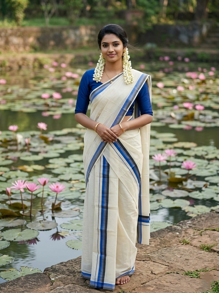 Southloom Pure Cotton Kerala Single Mulloth Set Mundu (Mundum Neriyathum) Blue & Black Border in 2.50 Mtrs SL243