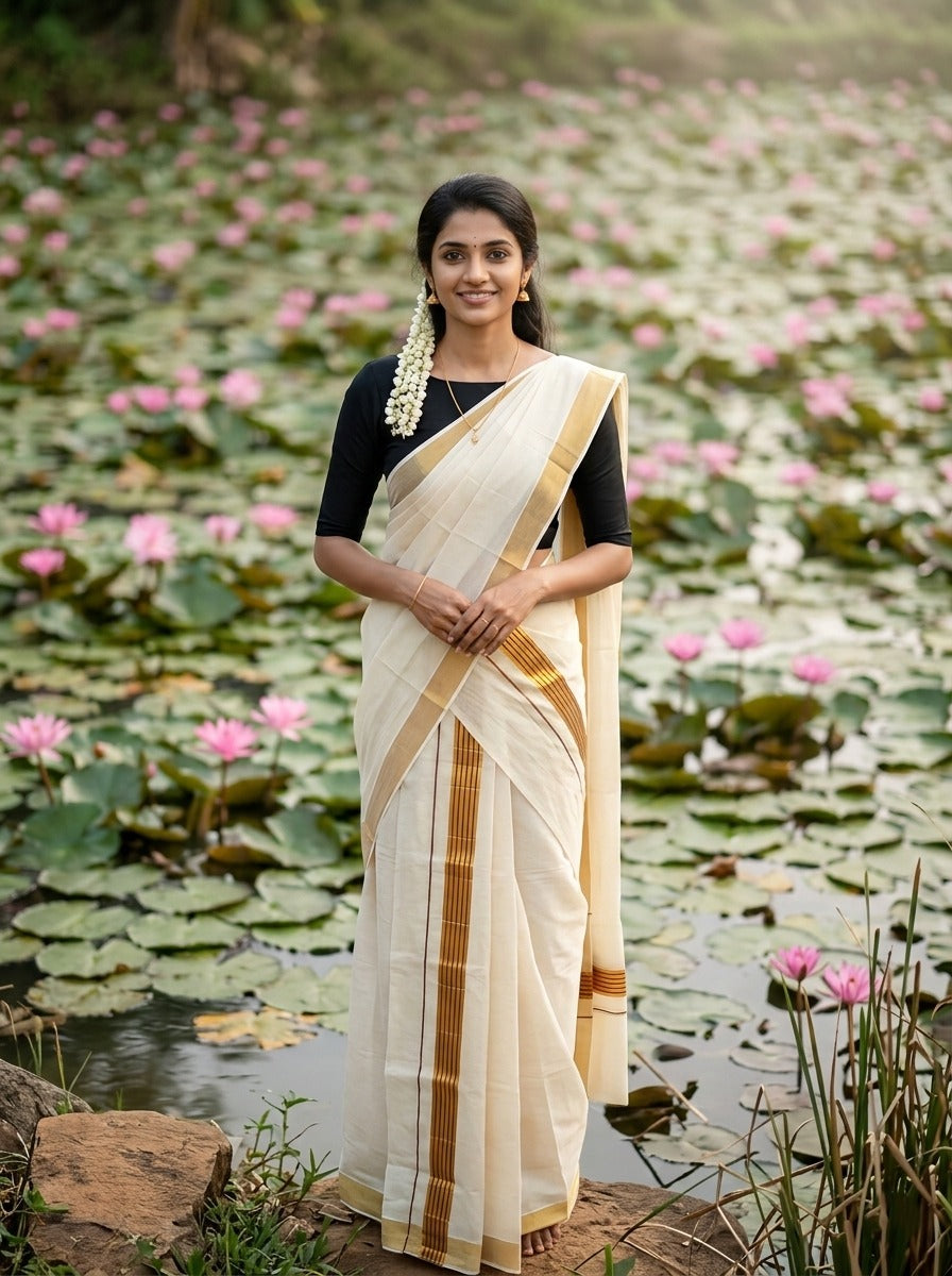 Southloom Pure Cotton Kerala Kasavu Set Mundu (Mundum Neriyathum) Kasavu & Black Border in 2.80 Mtrs
