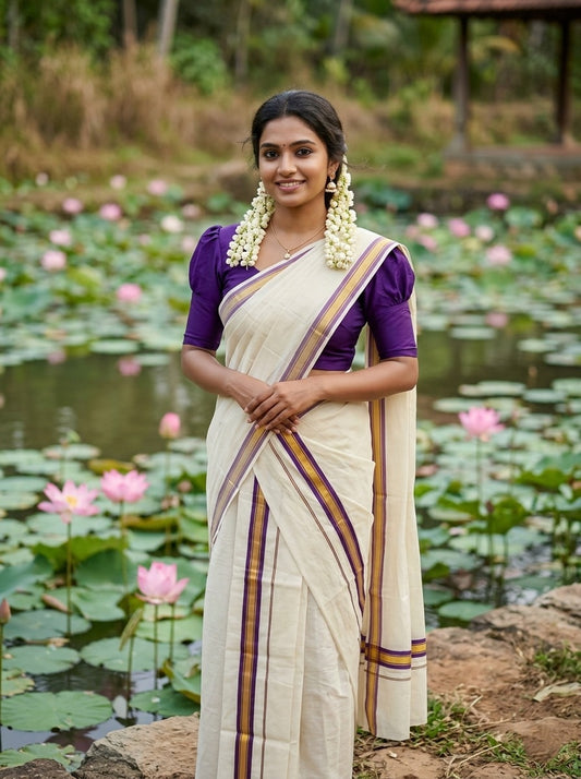 Southloom Pure Cotton Kerala Kasavu Double Set Mundu (Mundum Neriyathum) Kasavu & Purple Border
