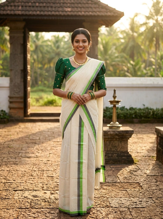 Southloom Pure Cotton Kerala Single Set Mundu (Mundum Neriyathum) Black & Green Border