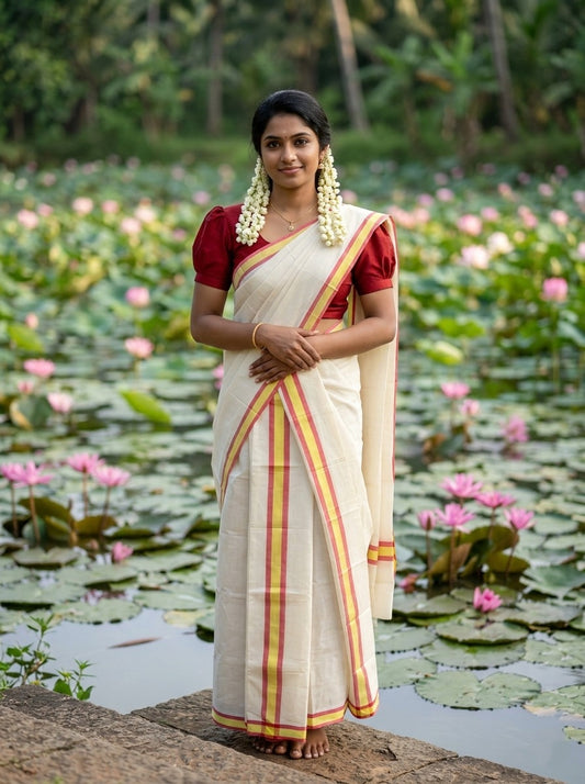 Southloom Pure Cotton Kerala Single Set Mundu (Mundum Neriyathum) Red & Yellow Border