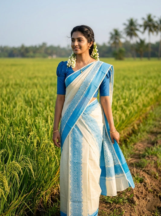 Kerala Cotton Single Set Mundu (Mundum Neriyathum) with Blue Block print Work Border 2.80Mtrs