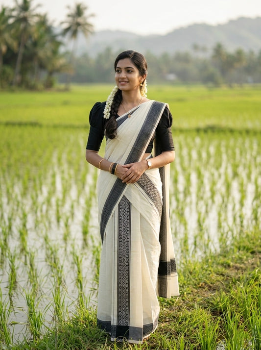 Kerala Cotton Single Set Mundu (Mundum Neriyathum) with Black Block print Border 2.80Mtrs