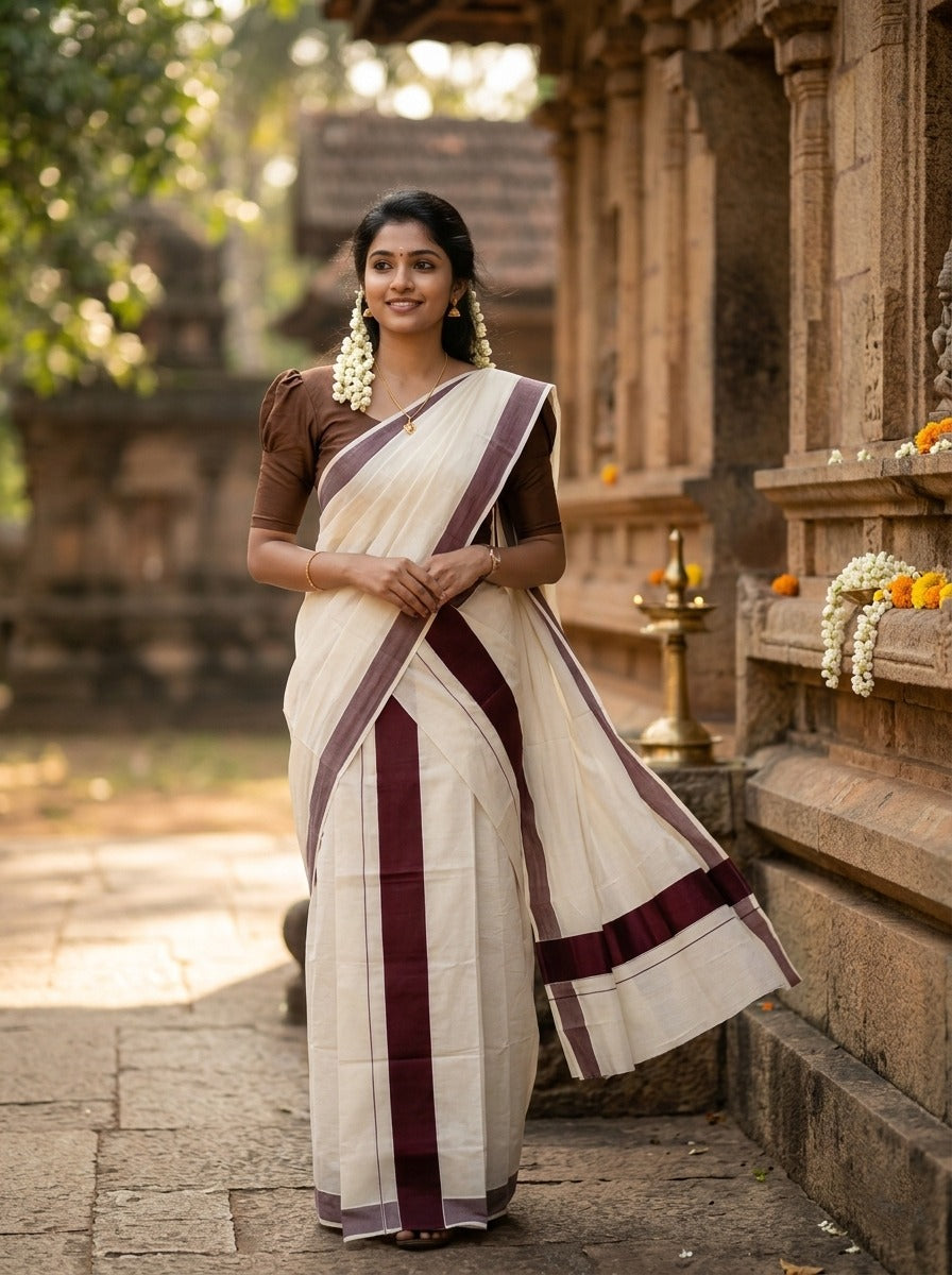 Kerala Cotton Mundum Neriyathum Single (Set Mundu) with Brown Border 2.80 Mtrs