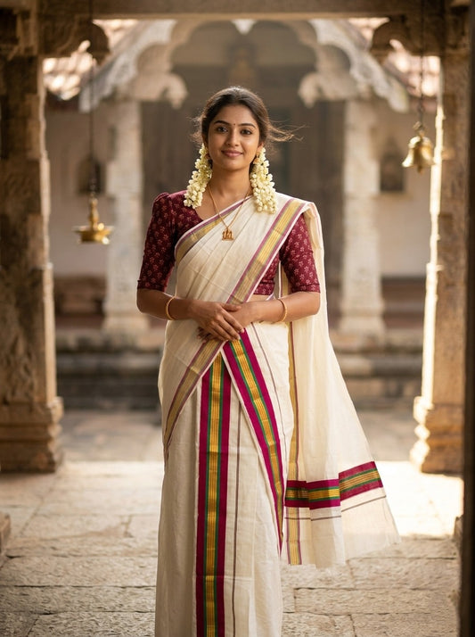 Kerala Cotton Single Set Mundu (Mundum Neriyathum) with Maroon And Green Kasavu Border in 2.80 Mtrs