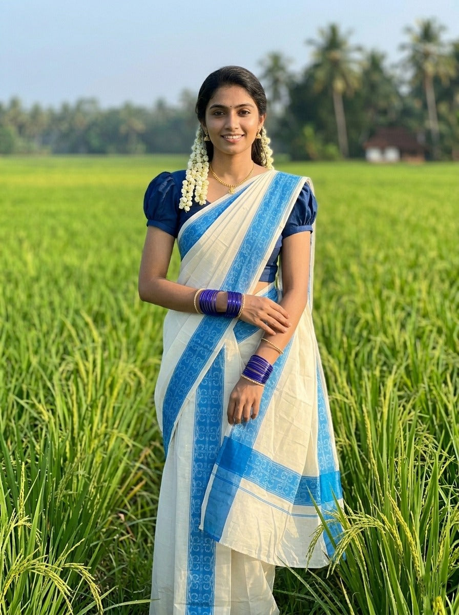 Kerala Cotton Single Set Mundu (Mundum Neriyathum) with Blue Block print and Kasav Line Border 2.80Mtrs