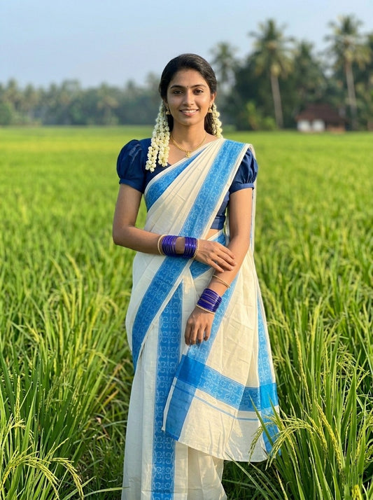 Kerala Cotton Single Set Mundu (Mundum Neriyathum) with Blue Block print and Kasav Line Border 2.80Mtrs