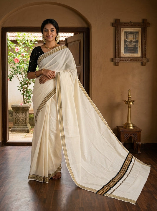 Kerala Pure Cotton Saree with Kasavu and Black Border