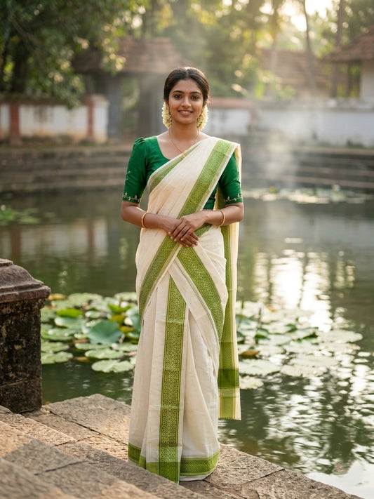 Kerala Cotton Single Set Mundu (Mundum Neriyathum) with Green Block print Border 2.80Mtrs