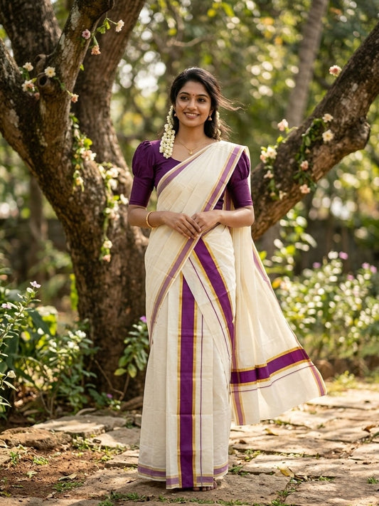 Kerala Cotton Mundum Neriyathum Single (Set Mundu) with Purple and Kasavu Border in 2.80 Mtrs