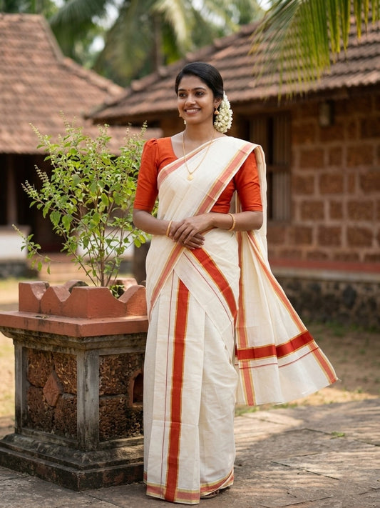 Pure Cotton Kerala Single Set Mundu (Mundum Neriyathum) with Orange and Kasavu Border in 2.80 Mtrs