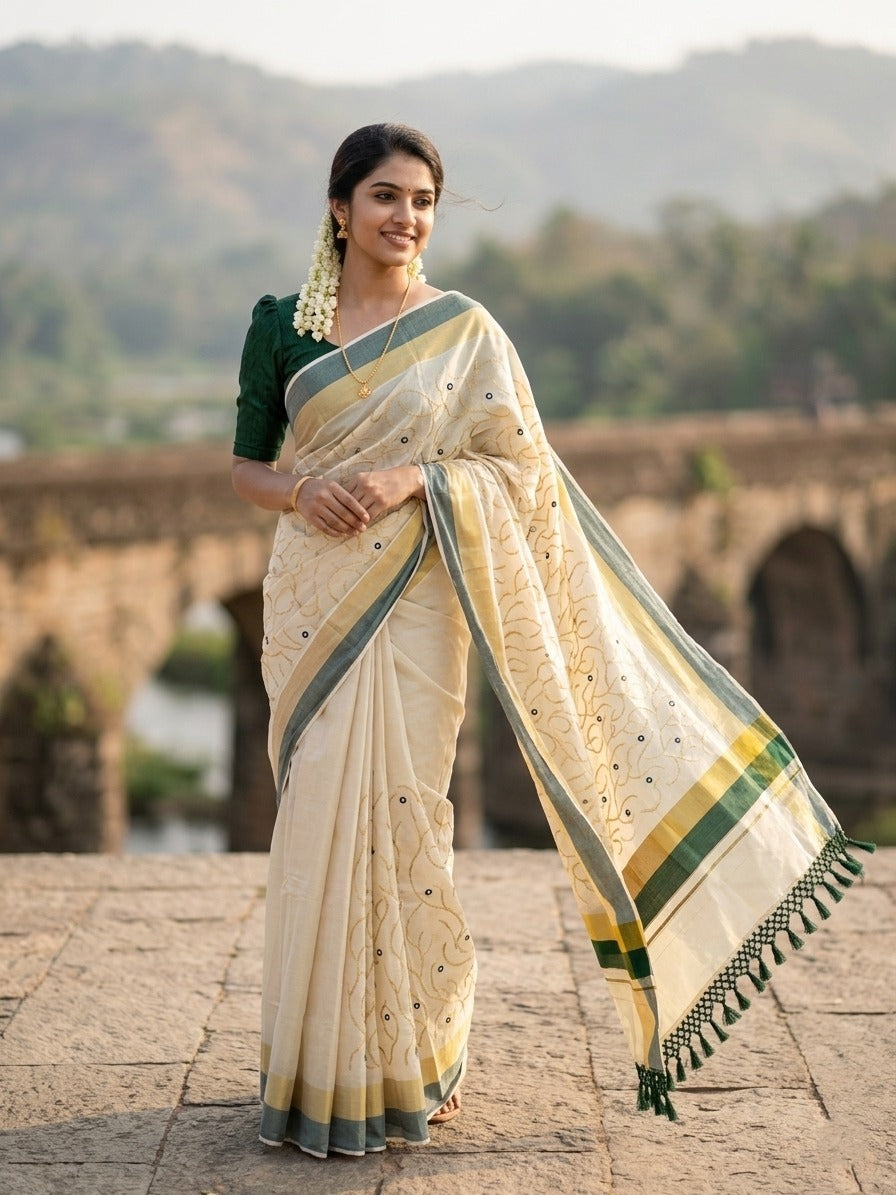 Kerala Tissue Kasavu Stripes Saree with Gold and Green Floral Embroidery Design on Body SL269