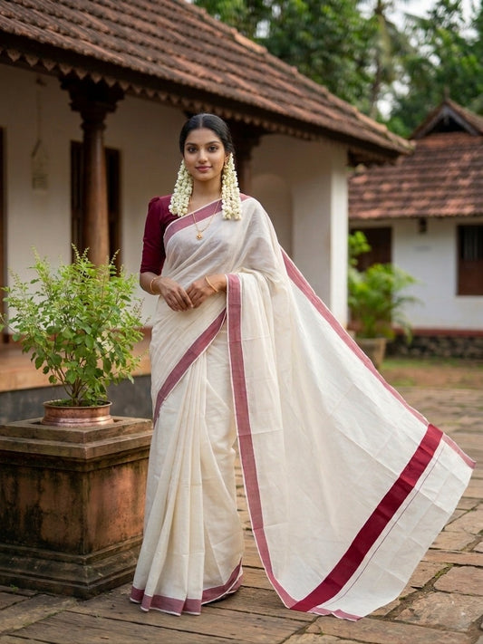 Southloom Kerala Pure Cotton Plain Kasavu Saree with Maroon Border