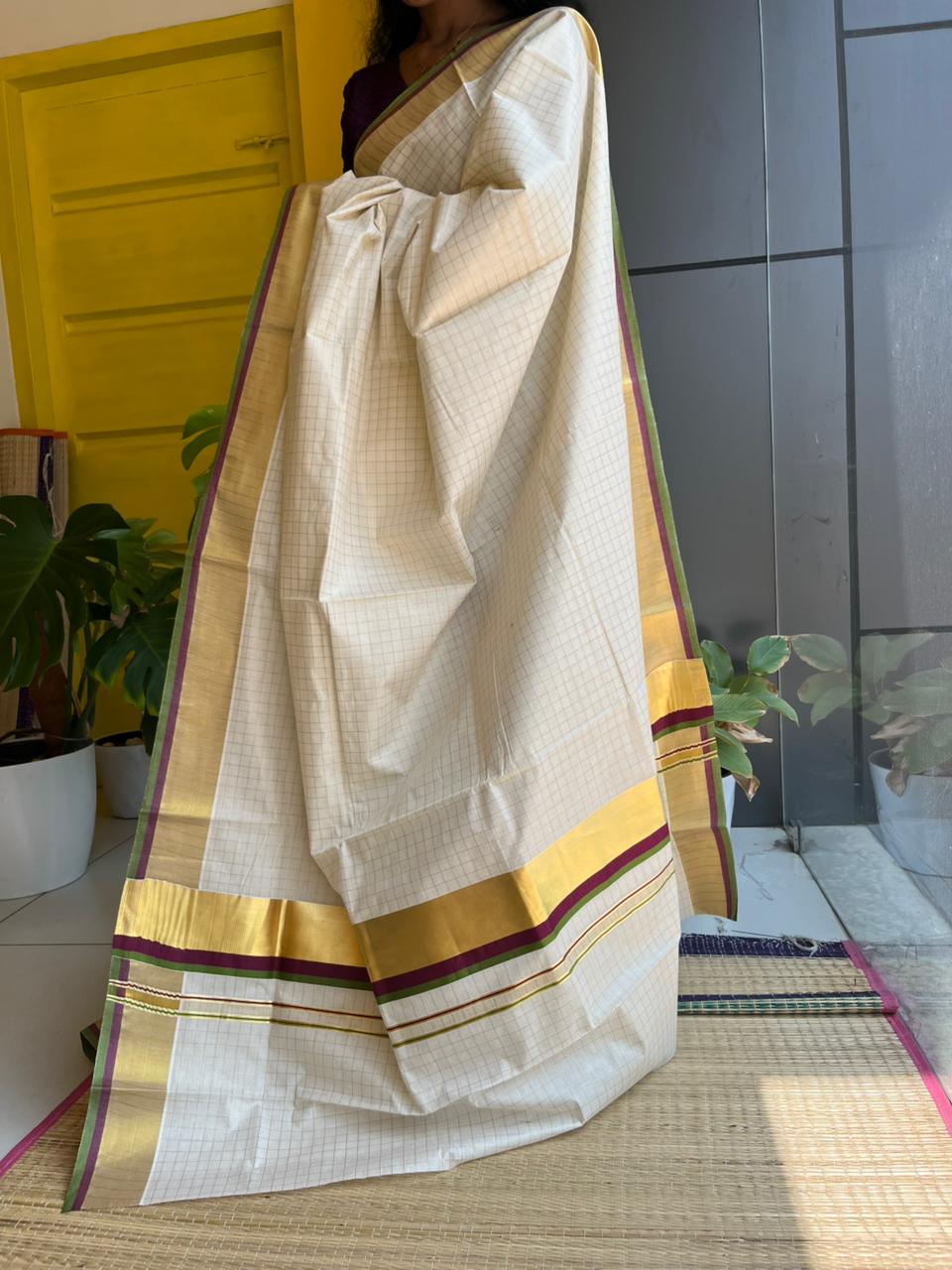 Kerala Cotton Check Saree With Purple  & Green Border SL235