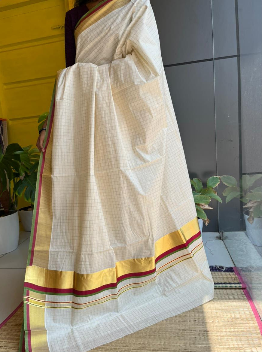 Kerala Cotton Check Saree With Red  & Green Border SL235