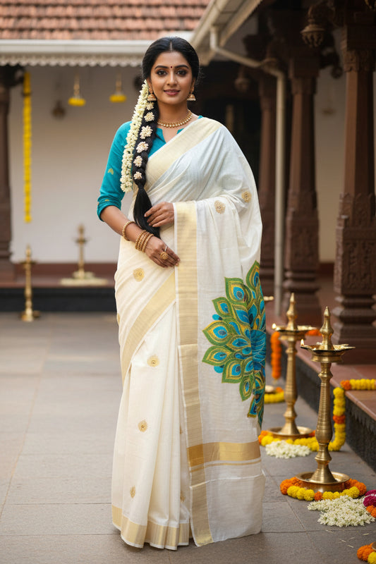 Kerala Cotton Lines Saree With Green & Blue Peacock Design SL161