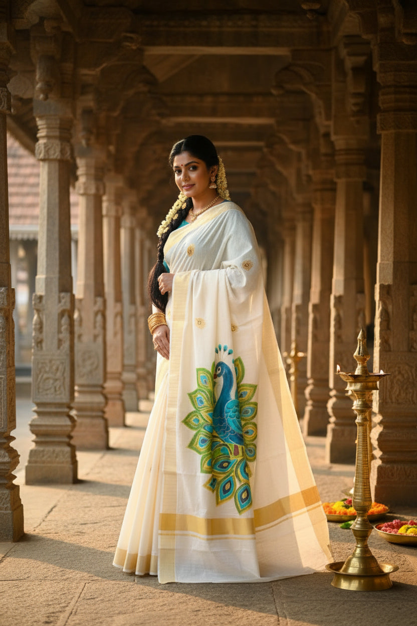 Kerala Cotton Lines Saree With Green & Blue Peacock Design SL161