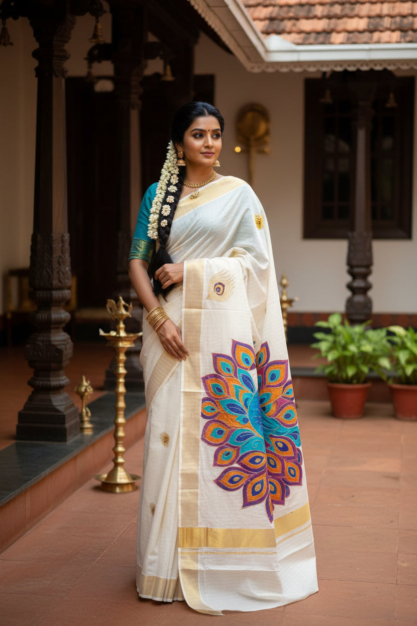 Kerala Cotton Lines Saree with Orange & Blue Peacock Design SL161