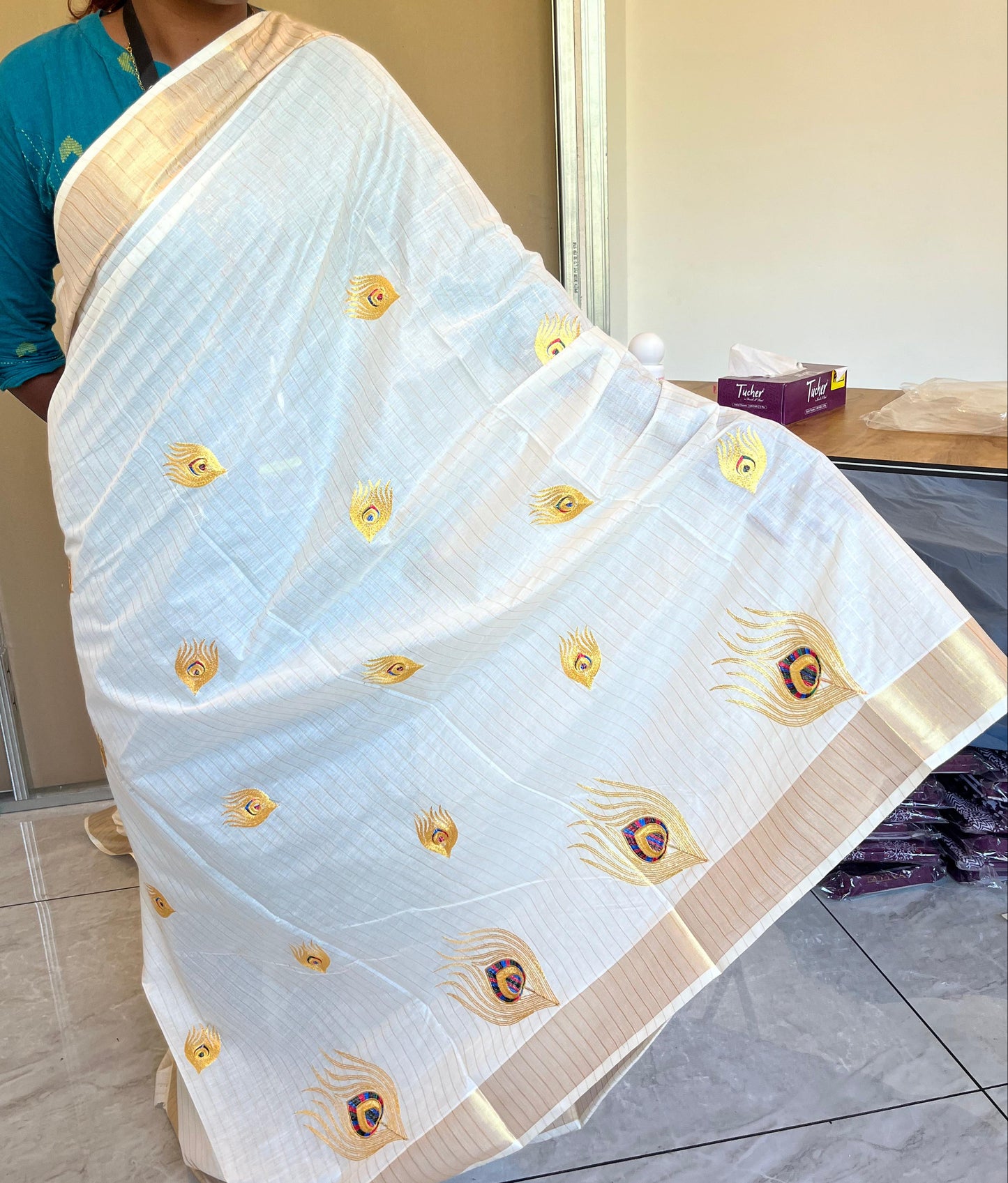 Kerala Cotton Lines Saree With Violet & Yellow Peacock Design SL161