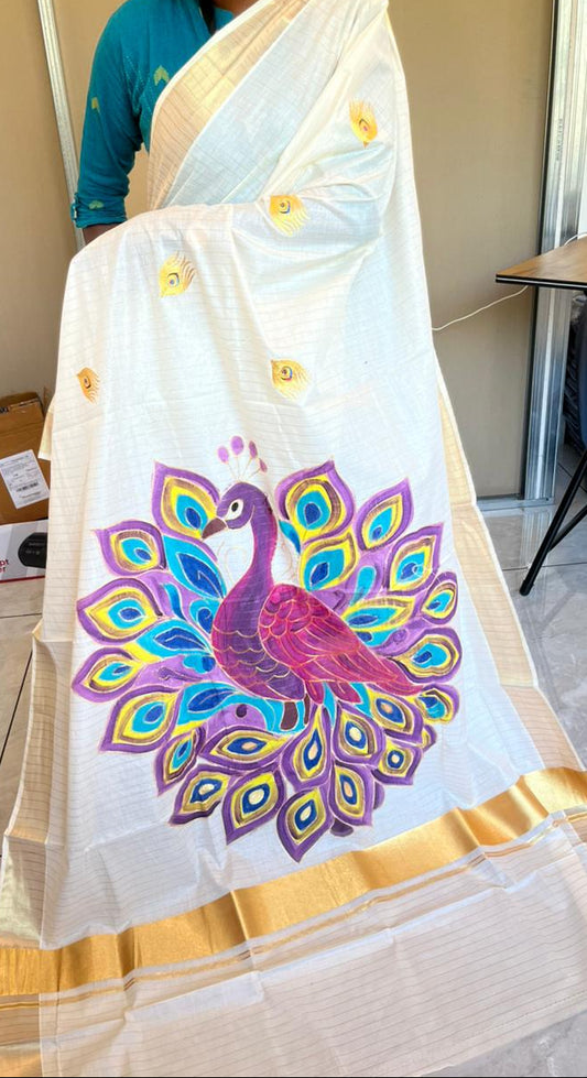 Kerala Cotton Lines Saree With Violet & Yellow Peacock Design SL161
