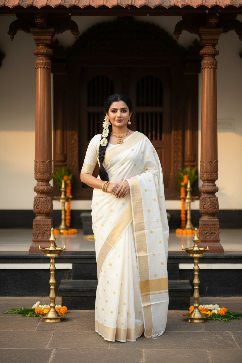 Kerala Cotton Lines Golden Polka Saree SL129