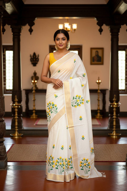 Yellow Floral Cotton Lines Kerala Saree SL124