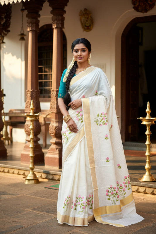 Pink Floral Cotton Lines Kerala Saree SL122
