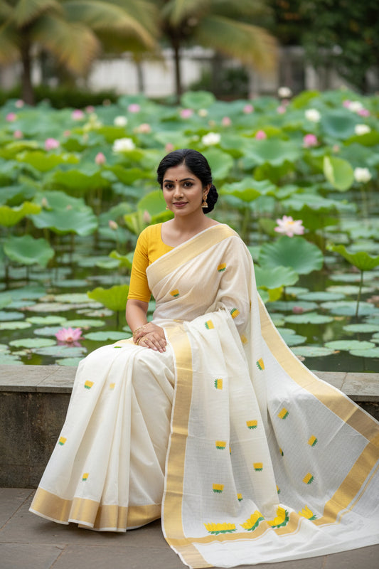 Yellow Lotus Lines Cotton Kerala Saree SL268
