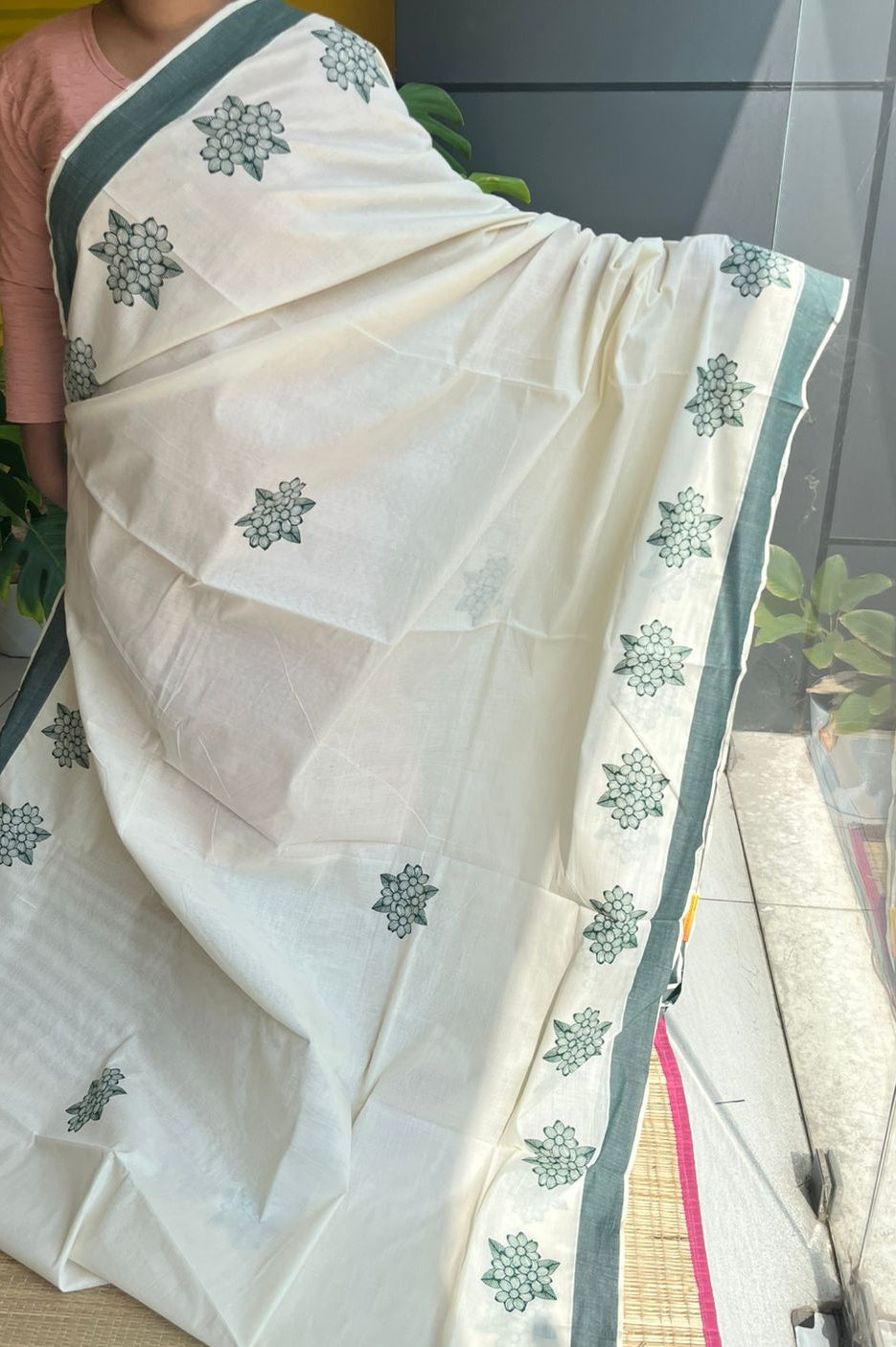Kerala Cotton Olive Green Colour Printed Saree SL177