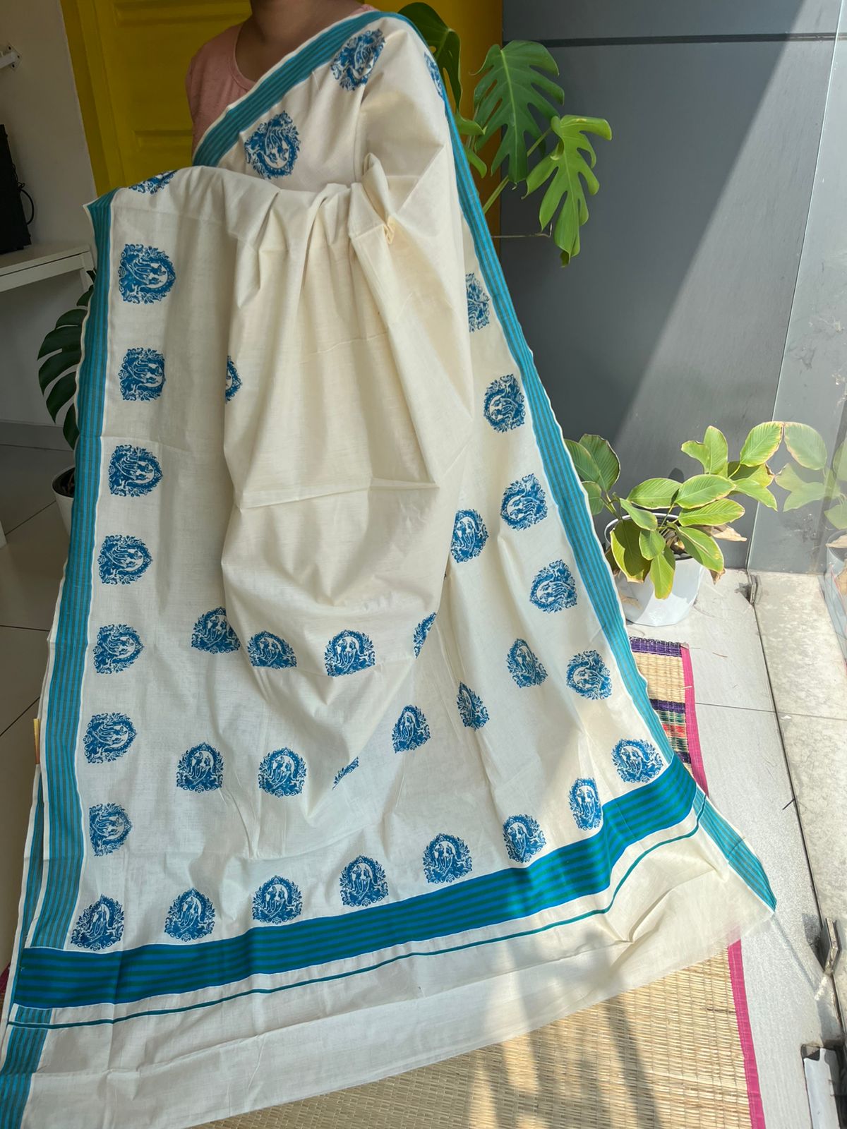 Kerala Cotton Turquoise  Colour Printed Saree SL177