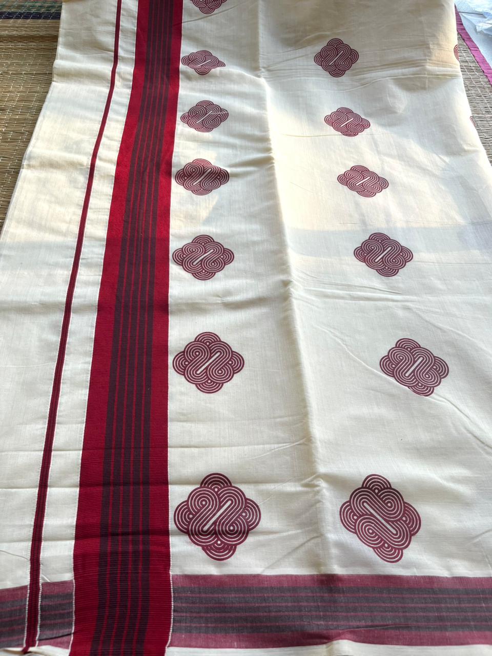 Kerala Cotton Maroon Colour Printed Saree SL177