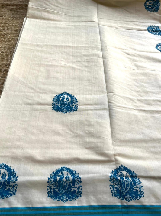 Kerala Cotton Turquoise  Colour Printed Saree SL177