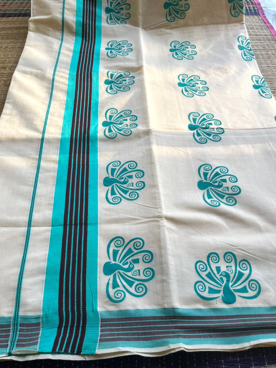 Kerala Cotton Turquoise Colour Printed Saree SL177